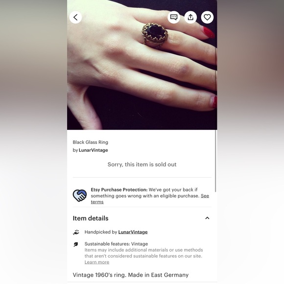 Vintage adjustable black glass ring - Picture 2 of 5